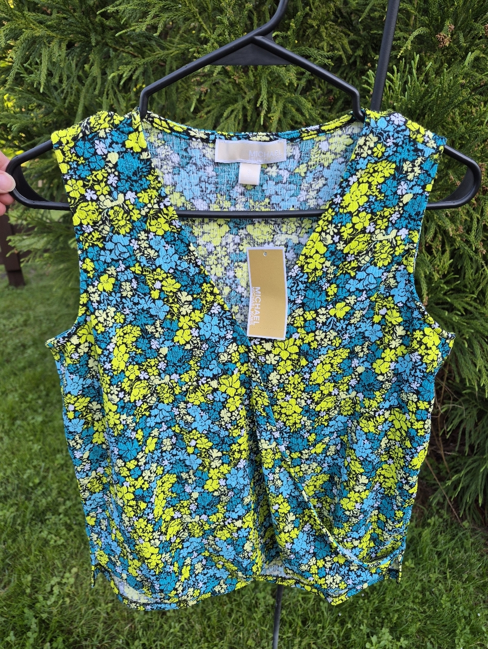 NWT MICHAEL Michael Kors Blue & Lime Floral V-Neck Sleeveless Top